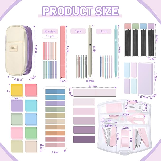 Sinload 60 Pcs Aesthetic Book Annotation Kit School Supplies Cute Pencil Case 12 Highlighter 5 Gel Pen 6 Mechanical Pencil 5 Magnetic Bookmark 1220 Pcs Sticky Note Tab Student Stationary(Purple)