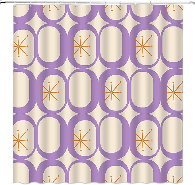 Mid Century Shower Curtain Modern Abstract Atomic Starbursts Squares Retro 50s Geometric Bathroom Decor Polyester Curtains with Hooks