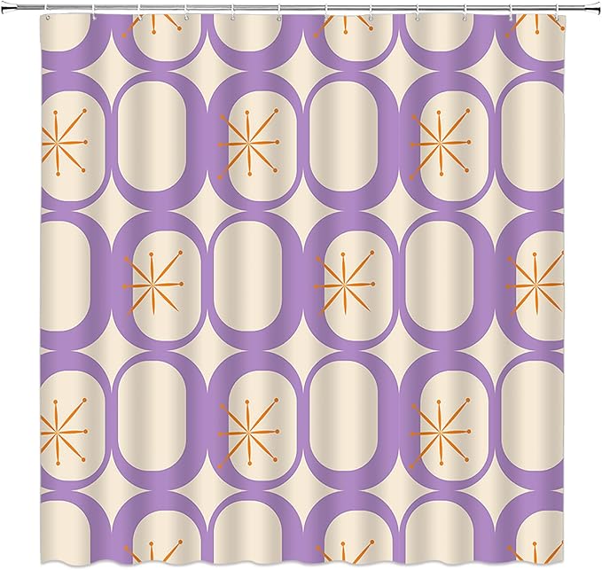 Mid Century Shower Curtain Modern Abstract Atomic Starbursts Squares Retro 50s Geometric Bathroom Decor Polyester Curtains with Hooks