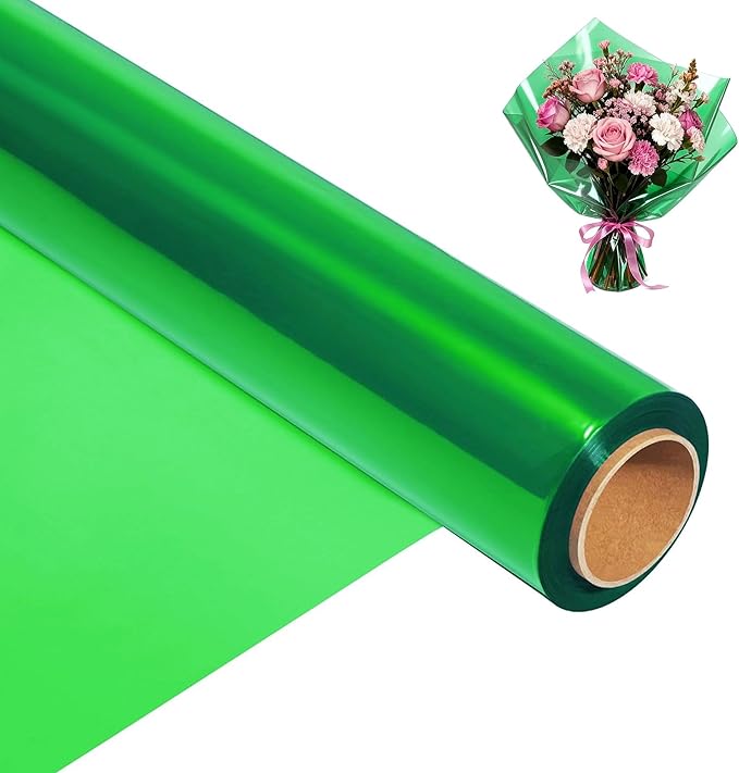 200 ft Green Cellophane Wrap Roll (16 In x 200 Feet) - 2.5 Mil Thick for Gift Baskets, Bouquets, Party Decorations