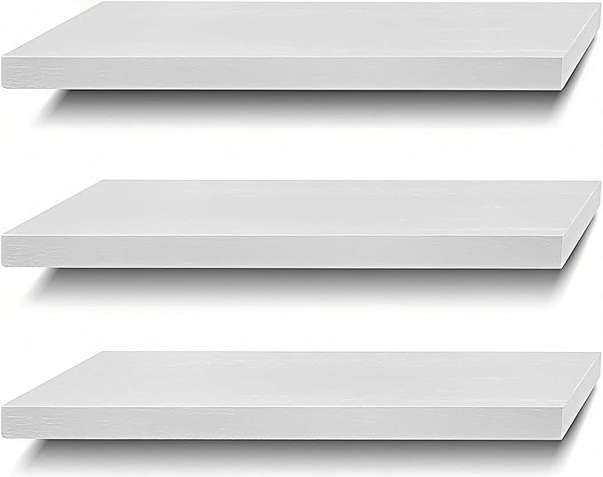 SAUMONIERES Floating Shelves Wall Shelf Solid Wood for Bathroom Bedroom Kitchen Set of 3, White Wall Shelves