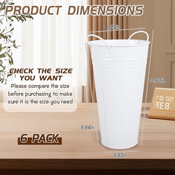 Flower Bucket for Flower Bar, 6 Pcs 10.2 Inch Metal Vases with Handles, Leak-Proof White French Buckets for Valentine's Day, edding Centerpieces, Baby Shower, Mother's Day, Farmhouse Rustic Home Decor