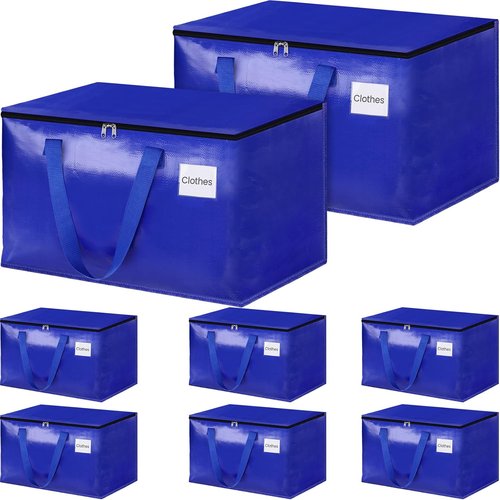 HomeHacks Heavy-Duty Moving Bags - Collapsible Storage Totes with Strong Zippers & Handles | 125L, 8-Pack, Blue