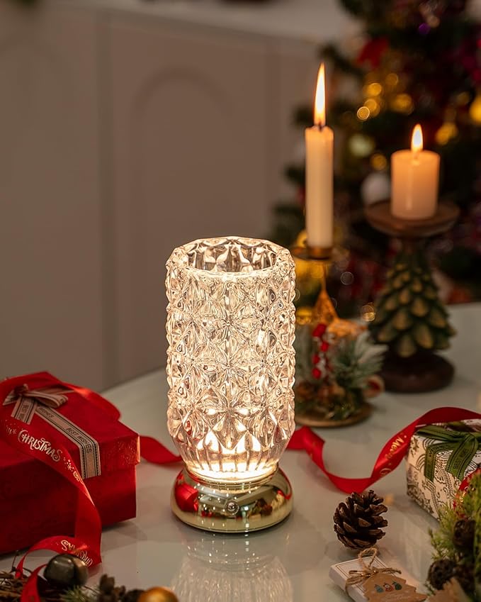 Crystal Vase, Dimmable Cordless Table Lamp, Rechargeable Crystal Light for Home Decor, Bedroom, Livingroom