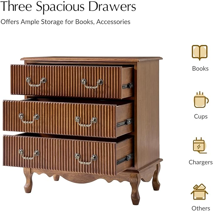 HULALA HOME Transitional Side Table Set of 2 with 3 Drawers and Charging Station, 28" Solid Paulownia Wood Sidetable with Vertical Stripe, Cherry