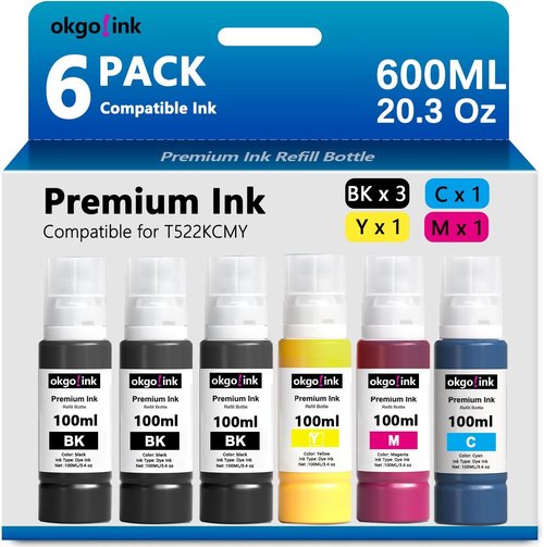 Epson Compatible 522 Ink Refill Bottles - Black Color Replacement (6 Pack, 600ml) for ET-2800, ET-4800, ET-2750
