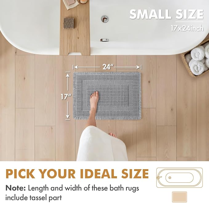 MIULEE Set of 2 Waffle Bathroom Rugs, Boho Bath Rug Super Absorbent, Non Slip Washable Ultra Soft Rubber Backed Shower Bath Mats for Floor, Tub, Shower, Looped Design, Light Grey, 17x24 Inch