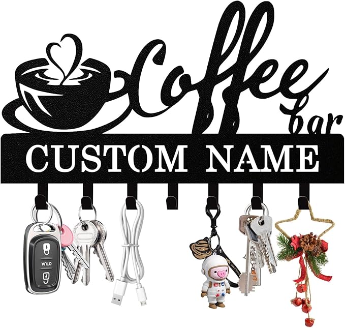 Syneiro Personalized Coffee Key Holder Wall Mount, Custom Metal Keys Holder for Wall with Name, Wall Home Key Hanger Rack with Hooks for Entryway, Front Door, Living Room, Kitchen, Bathroom, Garden