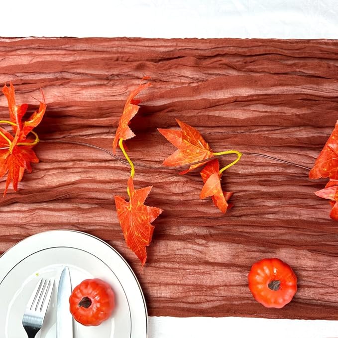 Booque Valley Fall Table Runner Terracotta Cheesecloth 10ft Soft Boho Wrinkled Decorative Gauze Sheer for Autumn Thanksgiving Holiday Party Centerpiece Decoration Table Decor, 35x120 Inch, 1 Pc
