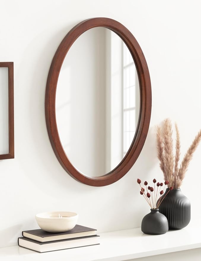 Kate and Laurel Hogan Mid-Century Oval Framed Wall Mirror; 18 x 24; Dark Walnut; Decorative Modern Wood Mirror with Soft Curvature and Oval Shape