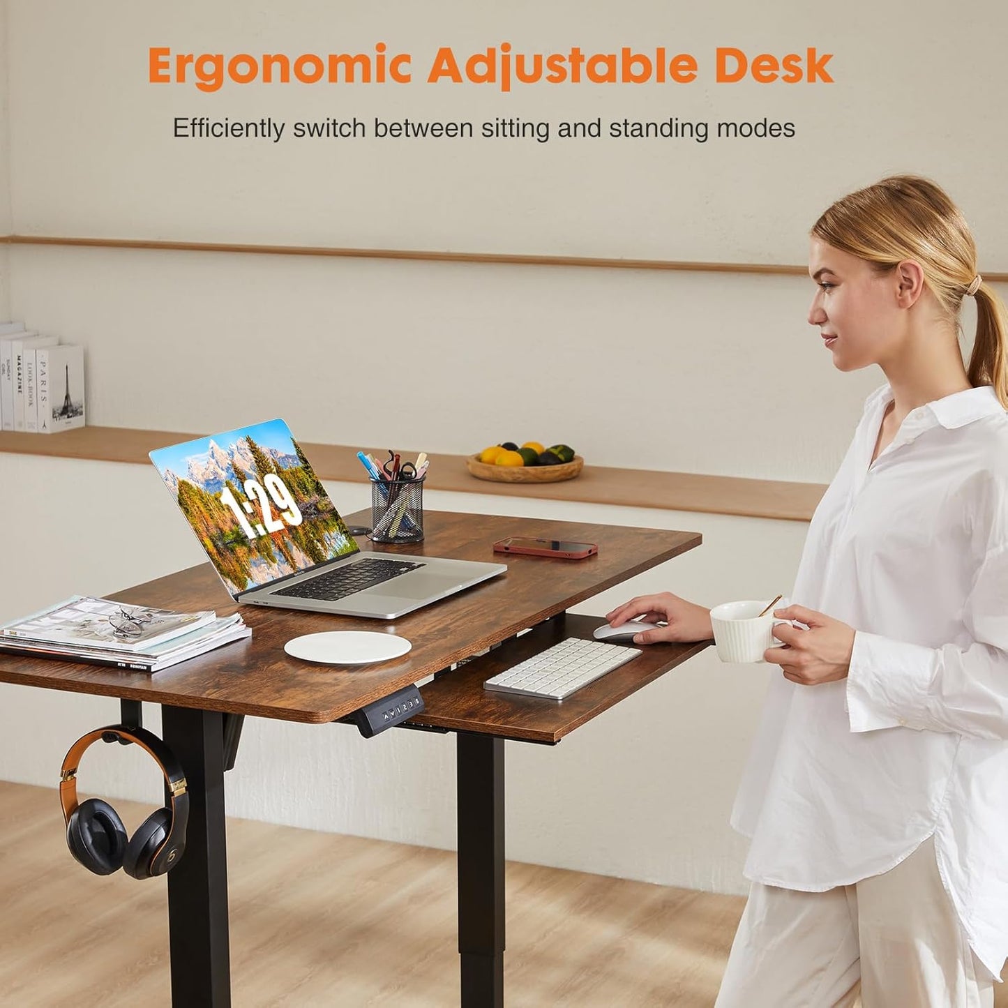 Skiennix Electric Standing Desk - Height Adjustable Ergonomic Workstation with Drawer | 48" x 24" Black Frame/Brown Desktop