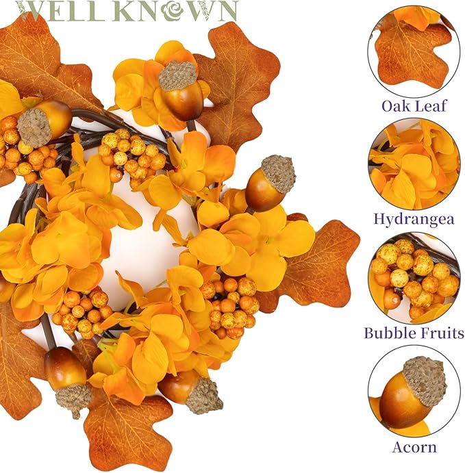 2 Pcs Mini Orange Acorn & Berry Candle Rings Wreaths for Pillars Home Table Window Decor, 9" Artificial Hydrangea Flower Cabinet Wreath for Fall Winter Kitchen Farmhouse Wedding Christmas Party Gift