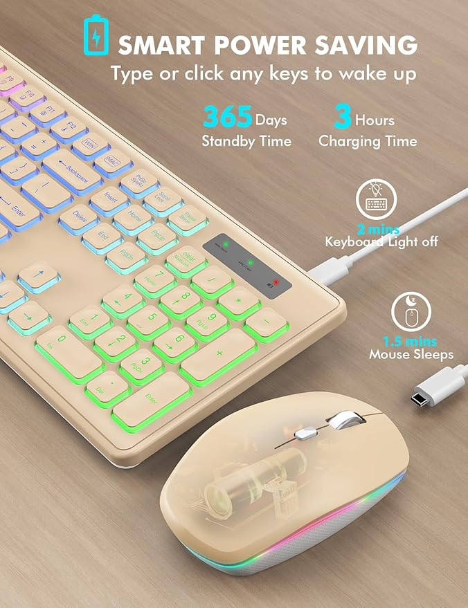 Wireless Keyboard and Mouse Combo, RGB Backlit, Rechargeable & Light Up Letters, Full-Size, Soft Typing, Sleep Mode, 2.4GHz Quiet Keyboard Set for Mac, Windows, Laptop, PC, Trueque (Warm Sand)