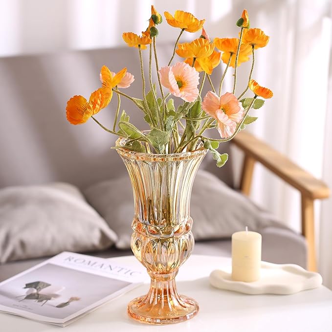 11.6" High Amber Glass Vase, Art Plant Flower Vase. Decorative for Home Office Wedding Holiday Party Celebrate Centerpiece Decor