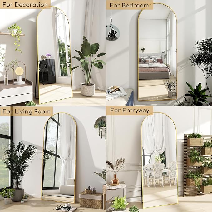 Dewfig Arched Full Length Mirror,64"x20" Gold Mirror with Stand, Full Body Mirrors for Leaning Against or Wall Mounted, Large Floor Mirrors for Bedroom, Living Room, Gold