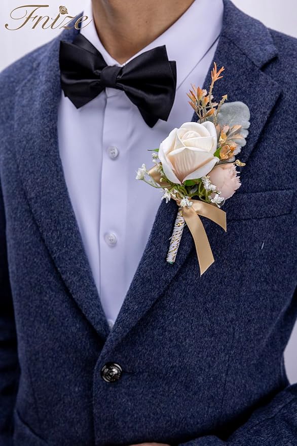 Fnize Champagne Corsage and Boutonniere Set for Bride Groom Bridesmaids Groomsmen Wedding Homecoming Prom Flowers Artificial Rose Boutonniere and Wrist Corsage Flower