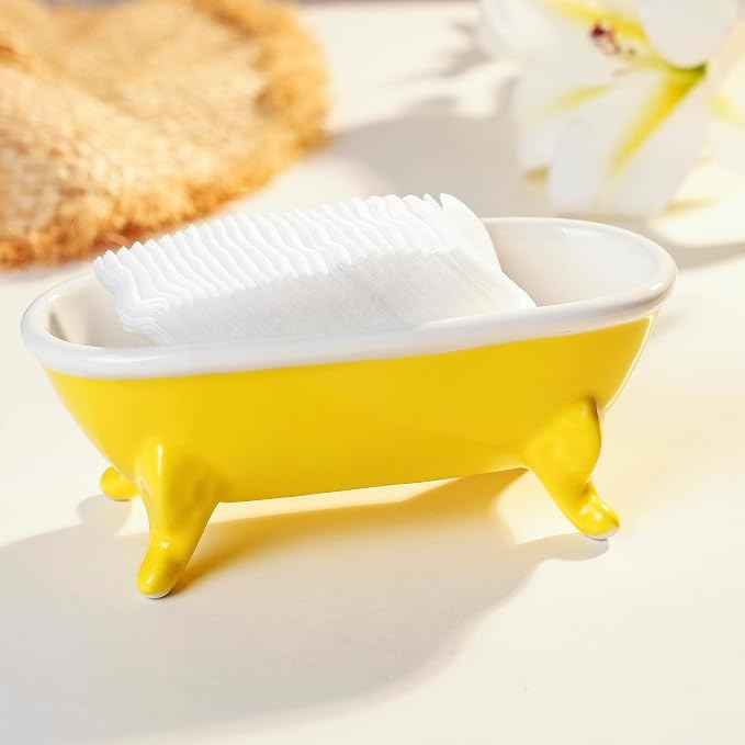 6.7" Ceramic Mini Clawfoot Bathtub Bar Soap Dish, Decorative Bar Soap Holder, Soap Tray Sponge Holder for Shower, Bathroom & Kitchen Sink (Yellow)
