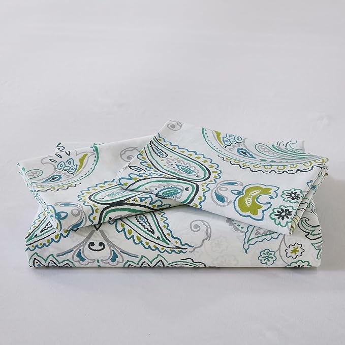 100% Cotton Floral Duvet Cover Queen - Green Paisley Comforter Cover 3-PC, Soft & Breathable Bedding Duvet Cover Sets with Zipper Closure & Corner Ties, Retro Duvet Cover Sets