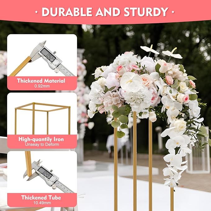 10Pcs Gold Wedding Flower Stands, Metal Column Flower Holder Gold Flower Centerpieces Stands Wedding Metal Centerpieces Rectangular Vase for Wedding Decorations Party Event (10Pcs 31.4in)