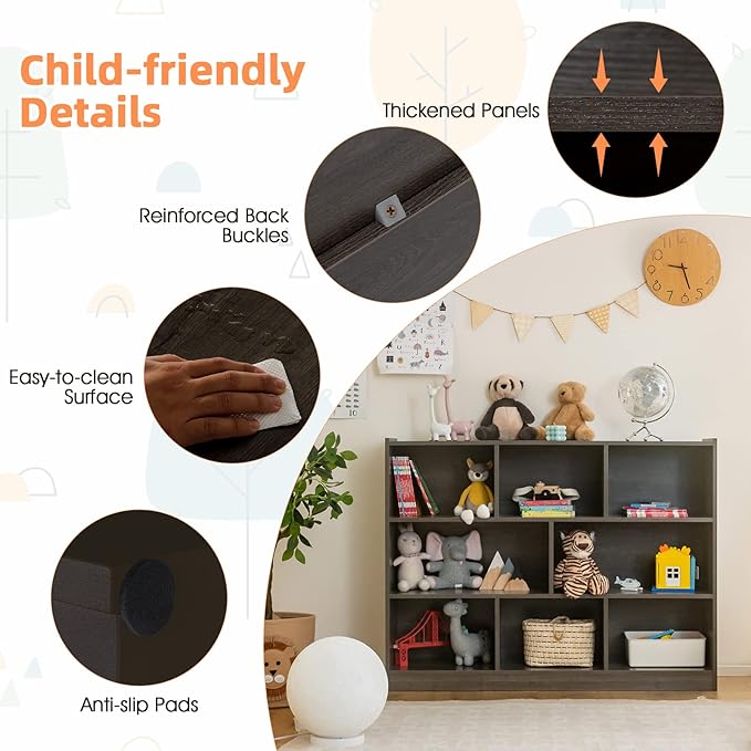 KOTEK Toy Storage Organizer, 8 Cubby Kids Bookshelf, Wooden 4-Tier Bookcase Storage Cabinet, Open Display Book Shelf for Daycare, Nursery, School Classroom, Playroom & Bedroom (Grey, 8 Cubes)