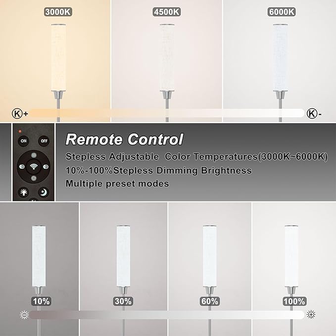 Nukanu Floor Lamp with Remote Control,Floor Lamps for Living Room/Bedroom/Office, Stepless Adjustable 3000K-6000K Colors and 10-100% Brightness,Standing Light with Foot Switch (Nickel+Beige Linen)