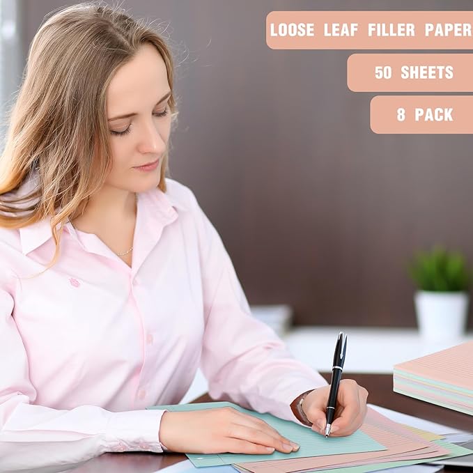PerKoop 400 Sheets Colored Loose Leaf Paper 8.5" x 11" college ruled Lined 3 Hole Punched notebook Filler Paper for 3 Ring Binders Office School Supplies (Aesthetic Color)