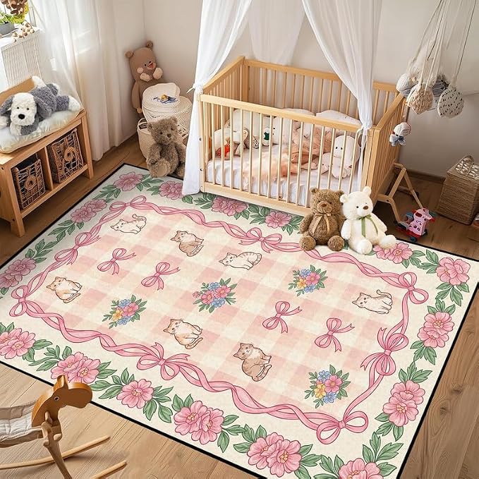 5'x7' Cat Floral Area Rug Pink Bow Flower Carpet Washable Rug Cute Cartoon Boho Floor Mat for Bedroom Living Room Nursery Playroom Classroom Home Decor