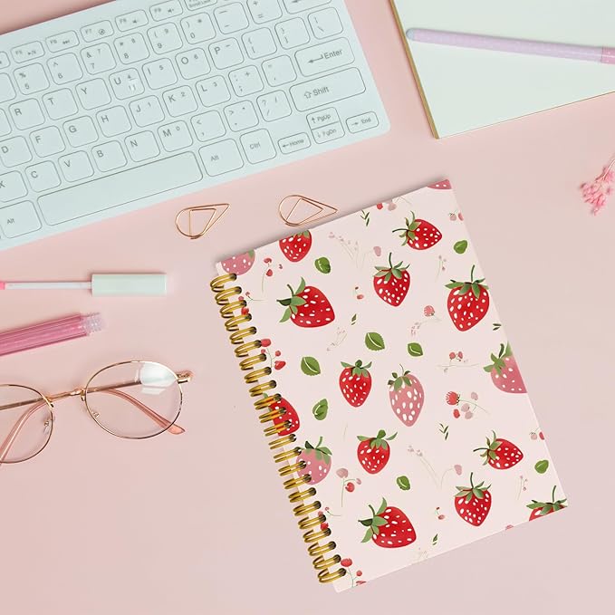 JKMBN Cute Strawberry Journaling Notebooks, Preppy Pink Spiral Notebook, Pink Office Supplies, Cute Notebooks for Women Girls, Hardcover Spiral Notebooks College Ruled 5.5 x 8.3
