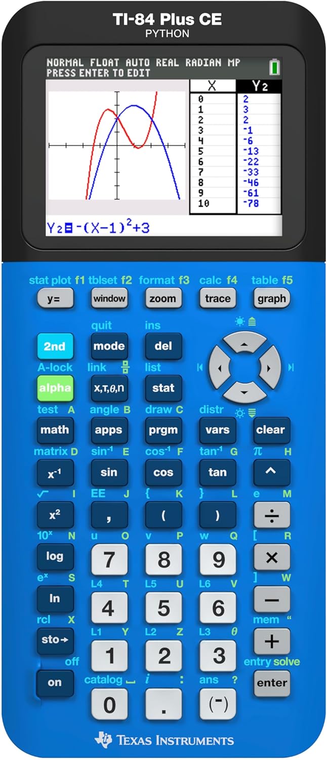 Texas Instruments TI-84 Plus CE Color Graphing Calculator - Bionic Blue, Compact & Powerful