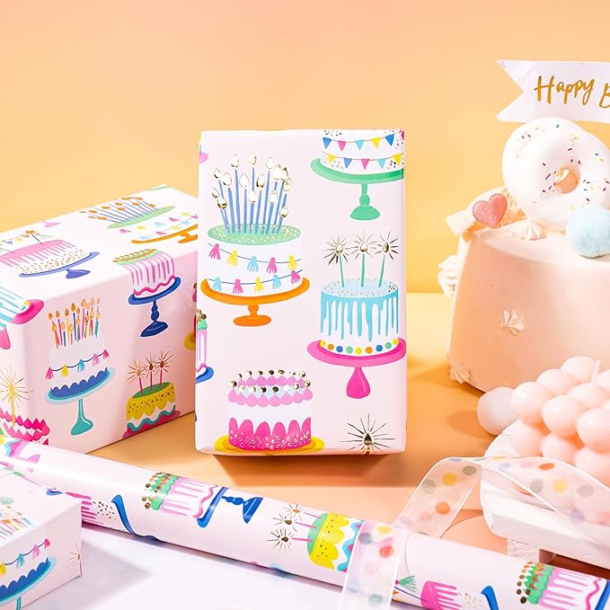 WRAPAHOLIC Birthday Wrapping Paper Roll - Mini Roll - 17 Inch x 16.5 Feet - Gold Foil Colorful Cake Wrapping Paper Perfect for Birthday, Holiday, Party, Baby Shower