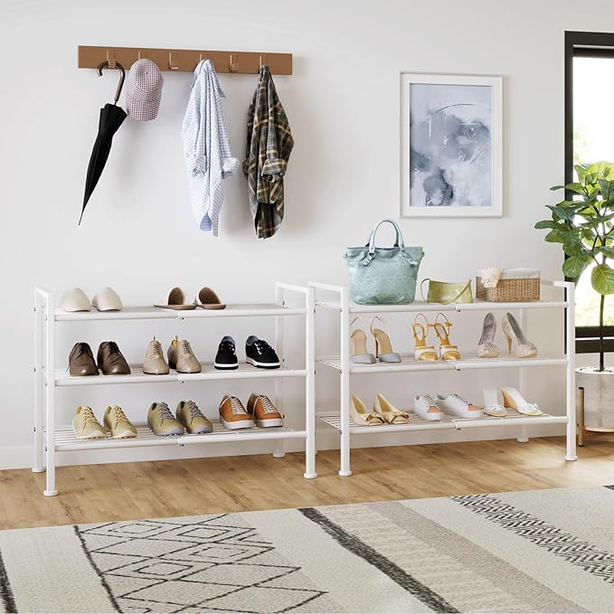 DongRong White Shoe Rack,3 Tier Metal Simple Shoe Storage Organizer Multi-Functional Shelf for Closet,Entryway, Garage,Dorm Room(White, 3 Tier)