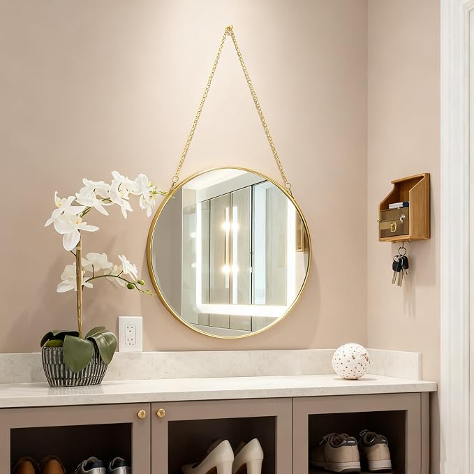 11.8-inch Modern Round Wall Mirror with Metal Frame and Hanging Chain, Suitable for Entryway, Hallway, or Bathroom Small Gold Metal Frame Mirror (Gold, 11.8 inch)