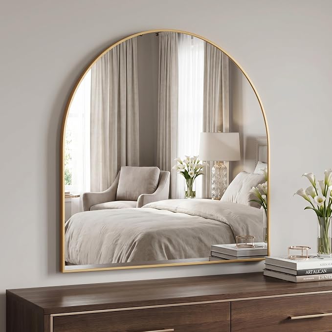 BEAUTYPEAK 26"x28" Arch Bathroom Mirror, Wall Mounted Vanity Metal Frame Mirror for Bedroom, Entryway, Living Room, Gold