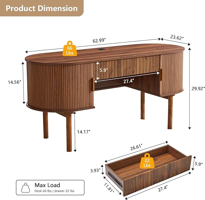 ORRD Home Office Oval Desk with Sliding Tambour Door and Drawer, Modern Fluted Wood Executive Computer Storage Desk for Study, Living Room, Bedroom, Office - Walnut