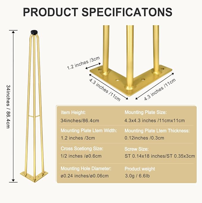34Inch Hairpin Table Legs Golden Set of 4 Desk Legs,1300lbs Load Capacity ， Rodsfor Coffee Table, Night Stand Desk Bench，Desk, Bench Desk Dining End Table Chairs