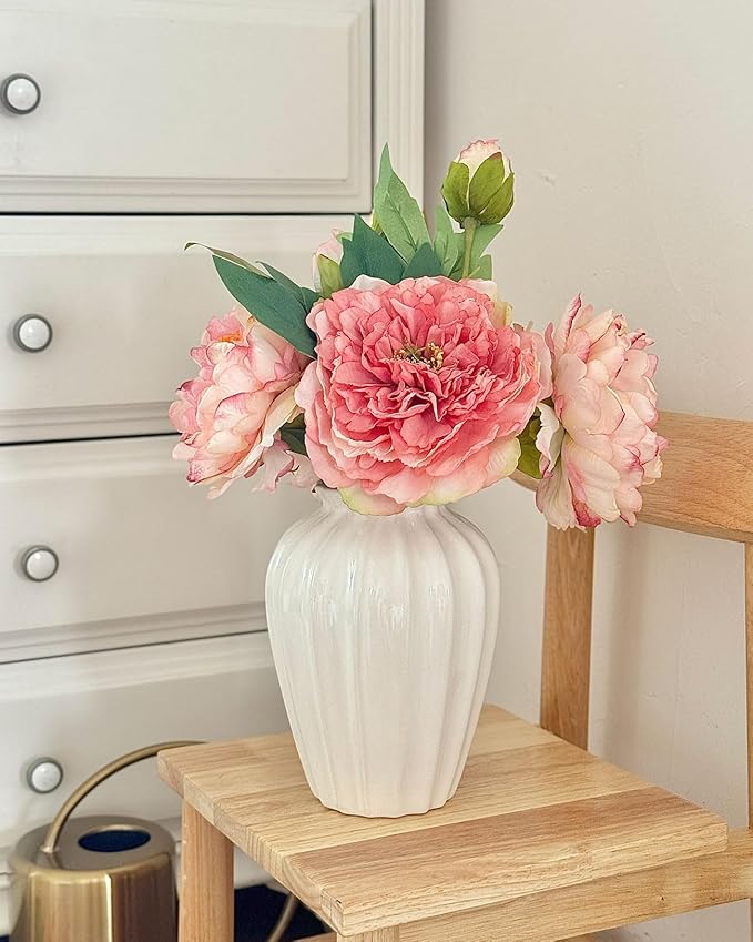 White Ceramic Vase, 7.87 Inch Flower Vase for Bouquet, Minimalist Modern Home Decor for Centerpieces, Cabinet, Living Room, Table, Bathroom