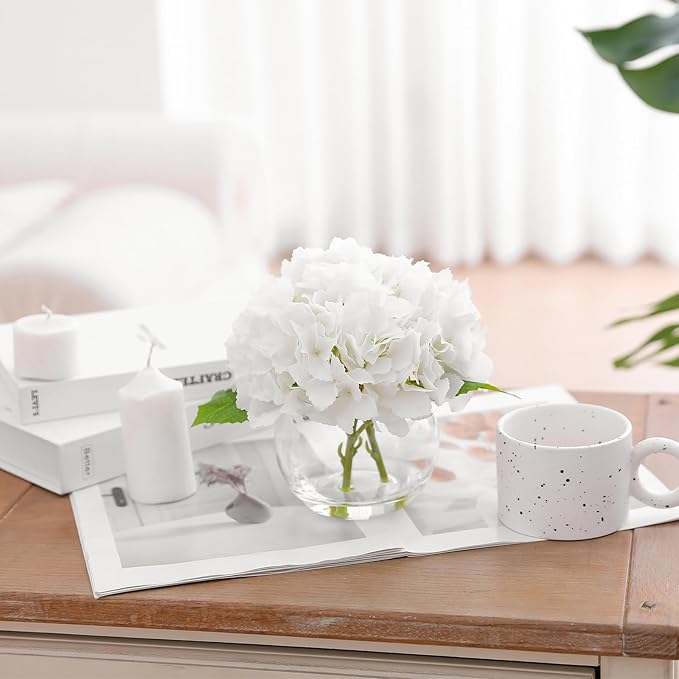 White Hydrangea Artificial Flower with Vase Fake Flower in Glass Vase with Faux Water for Home Bathroom Office Table Centerpiece Shelf Decorations Flowers