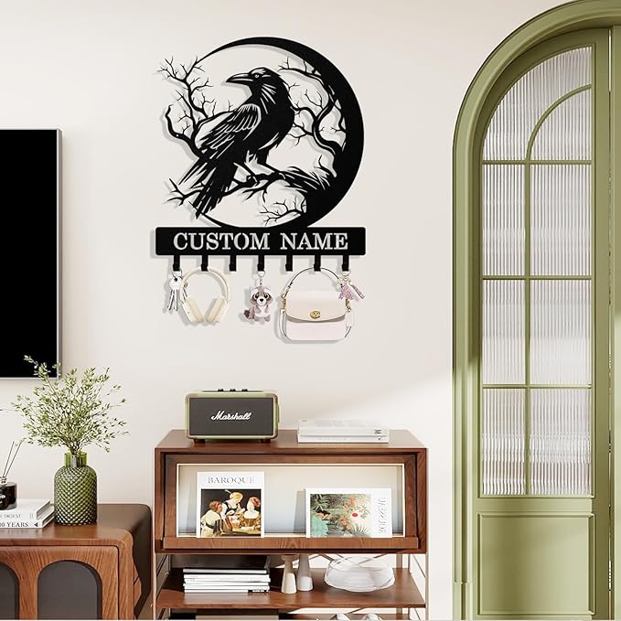 Syneiro Personalized Crow Key Holder Wall Mount, Custom Metal Keys Holder for Wall with Name, Wall Home Key Hanger Rack with Hooks for Entryway, Front Door, Living Room, Kitchen, Bathroom, Garden
