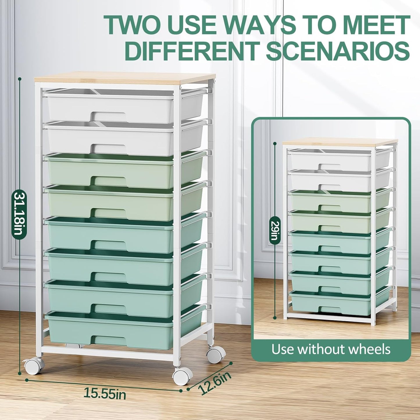 Skiennix Storage Cart - 8 Drawer Utility Cart with White Drawers & Wooden Tabletop | Ideal for Classroom & Office Organization, Green