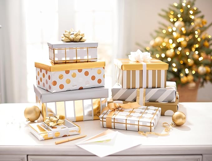 American Greetings Foil Wrapping Paper Rolls for Christmas, Weddings or Any Occasion, Metallic Gold and White Holiday Gift Wrap (80 sq. ft., 4 Rolls-30 in. x 8 ft., Reversible) Stripes, Polka Dots