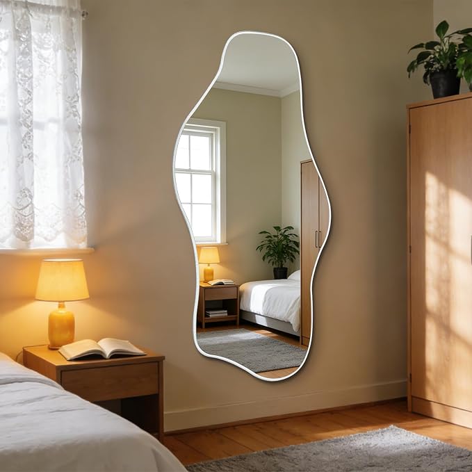 Large Irregular Wall Mirror, 63"x30" Silver Asymmetrical Tempered Glass Mirror, Frameless Organic Shaped Mirrors for Entryway Hallway Bedroom Living Room, Horizontal or Vertical Hanging