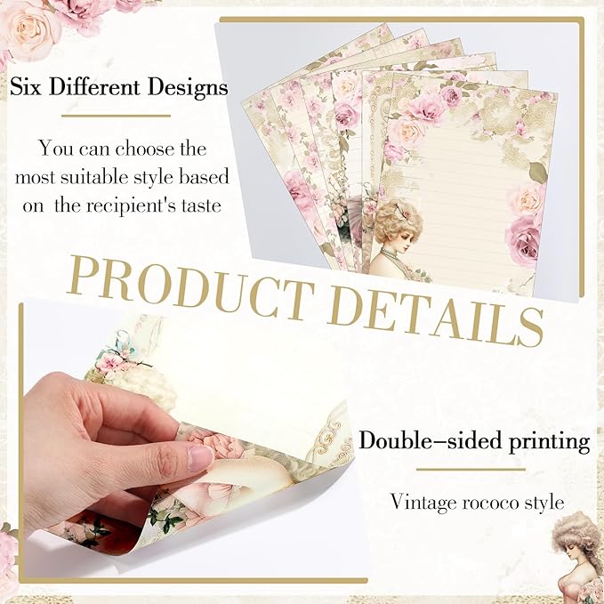 Supervitae 120 Pack Victorian Floral Stationery Paper, 8.27 x 5.51 Inch Double Sided Printing with Rose Border, Vintage Classical Stationery Letter Sheets for Writing Printing Crafts, 6 Designs