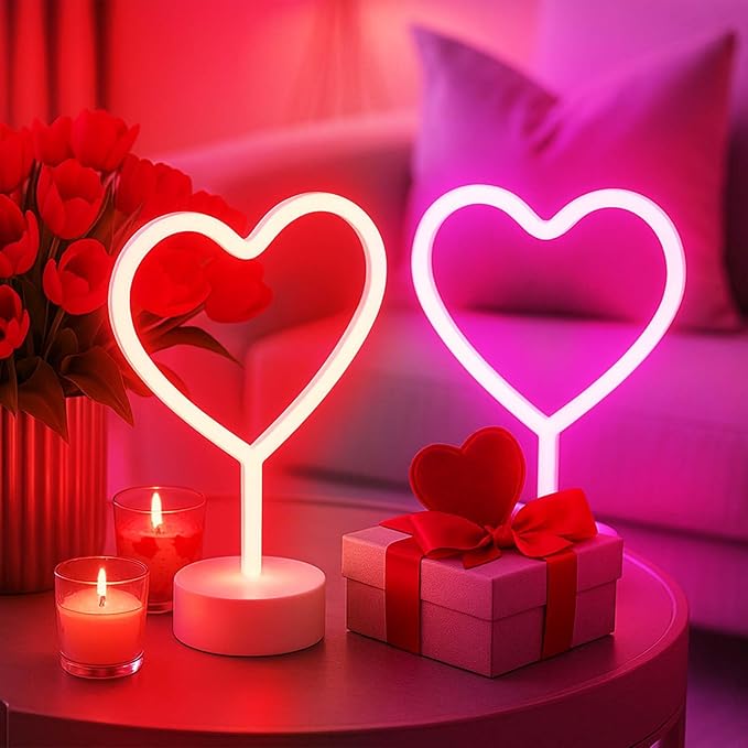 BHCLIGHT 1PK Pink & 1PK Red Heart Neon Sign, Valentines Day LED Neon Light Battery Operated or USB Powered Valentines Heart Lights, Table Lamp for Galentines Day Decorations, Gifts for Women, Lover.