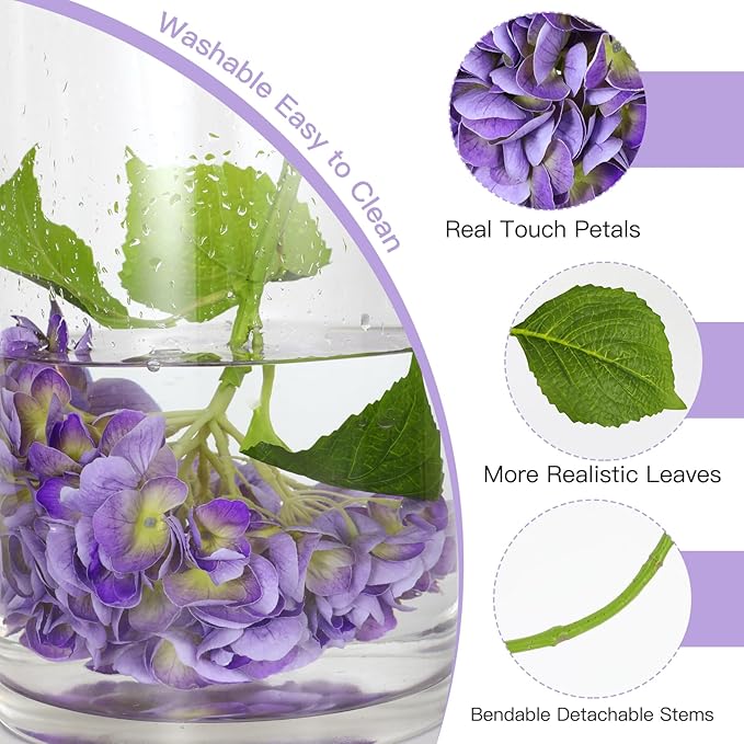 3Pcs Hydrangea Artificial Flowers, 22.44" Real Touch Latex Faux Hydrangea with Long Stems & Leaves for Home Office Decor or Wedding, Party, Centerpieces, Floral Arrangements (Purple)