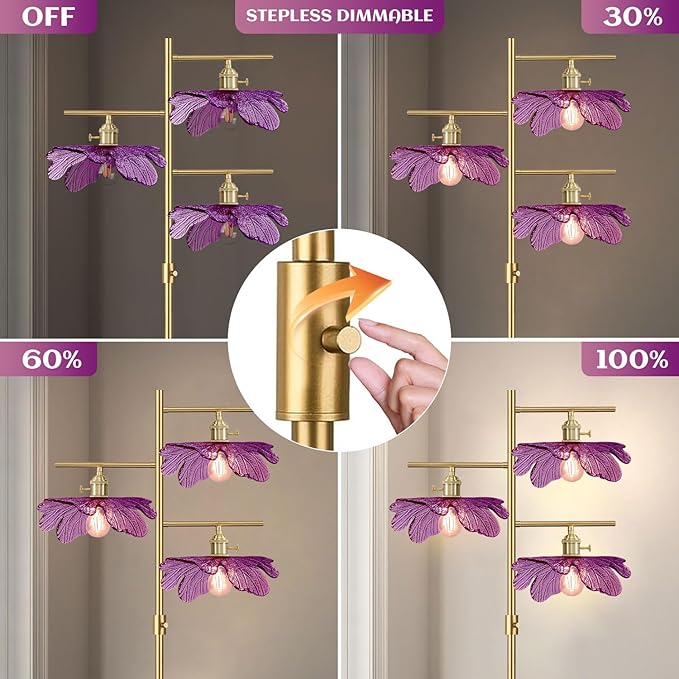 Dimmable tall floor lamp for Living Room 65" mid century modern floor lamp ,3 Lights Gold Standing Lamps vintage floor lamps Purple glass Flower floor light for Bedroom corner Study Office Home