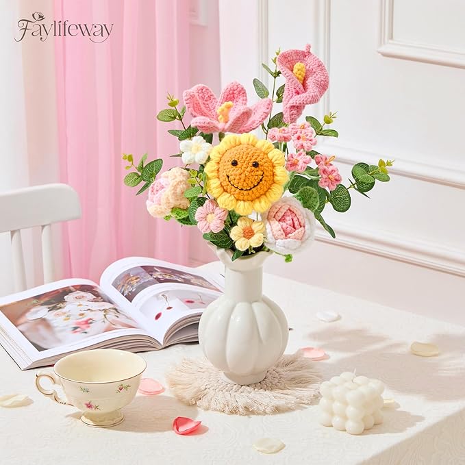 Crochet Flower Bouquet, Handmade Knitted Flowers,Pink Crochet Sunflower Bouquet for Lover Birthday, Anniversary, Wedding, Homecoming Gifts(Include Card)