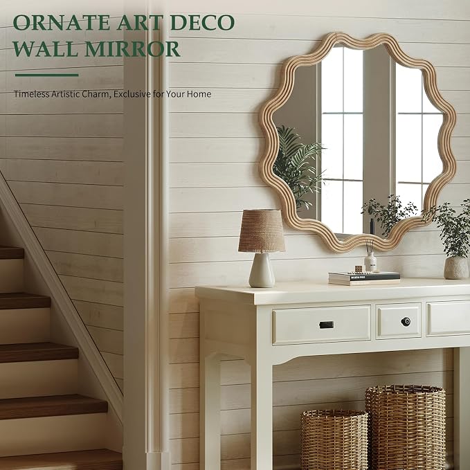 Farmhouse Wall Mirror - 31.5" Wood Frame Round Rustic Wall Decorative Mirrors, Circle Scalloped Wavy Round Boho Accent Mirror for Living Room, Bedroom, Entryway, Hallway, Fireplace (Natural)