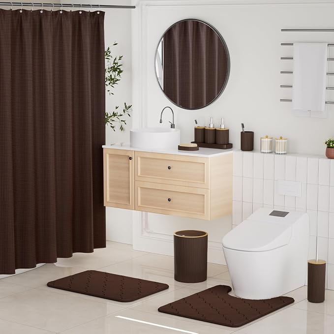 Brown and Wooden Bathroom Accessories Set, 25PC Bathroom Accessory Sets, Bathroom Sets with Push Top Trash Can, Shower Curtain and Rugs, Toilet Brush, Trash Can & Soap Dispenser
