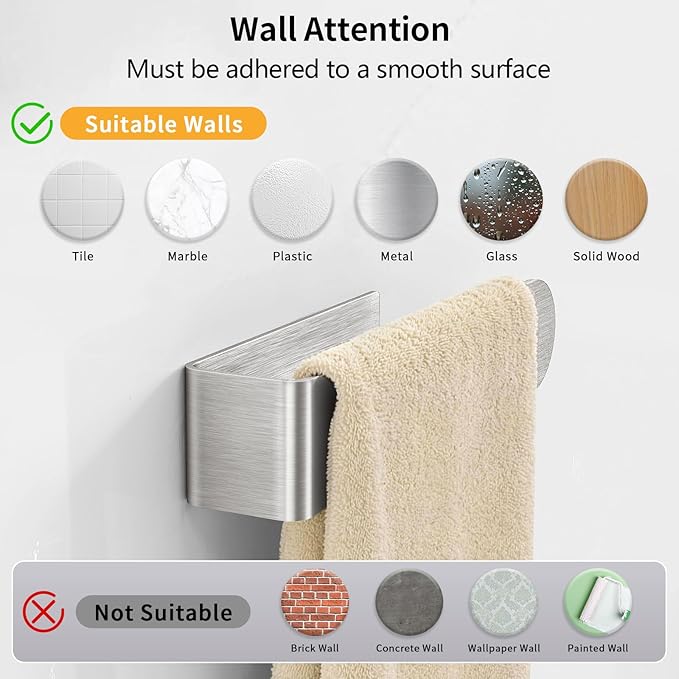 Adhesive Towel Holder, 8 Inch Self Adhesive Hand Towel Racks Bar Stick on Wall for Bathroom, Kitchen Cabinet, RV, Brushed Nickel