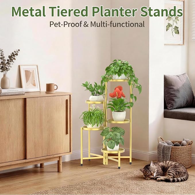 LASZOLA 5 Tier Large Plant Stand Indoor Tall with 10 Inch Metal Tray, Corner Folding Flower Display Rack, Modern Plant Holder Shelf for Outdoor Patio Porch Garden Office Living Room, Gold